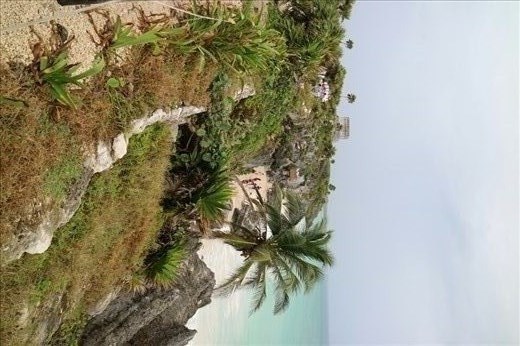 View of the beach and ruins in Tulum