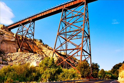 I've found an amazing Old Railroad Bridge located 15 or 20 meters over the street, in a place called Live Oak Springs, San Diego county, California (U.S.A.). This bridge is built on the rocks like the size of a 10 floor building. 