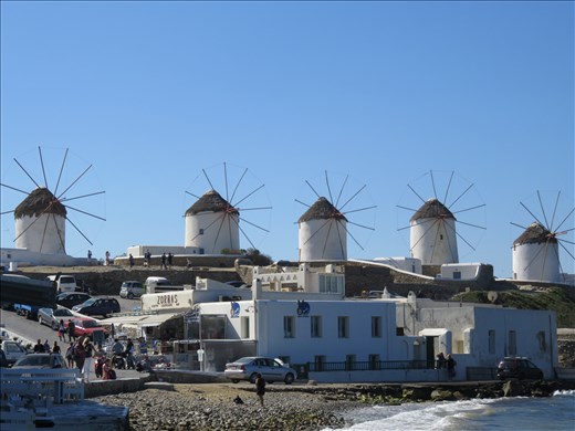 Mykonos - the Famous five windmills on a rise above the main town - another view
