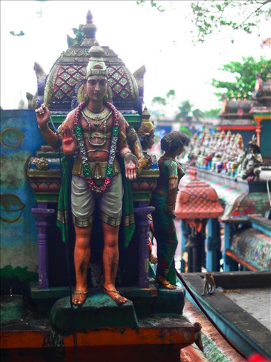 The sculpted Tamil gods as arches of the gates and temple roofs.