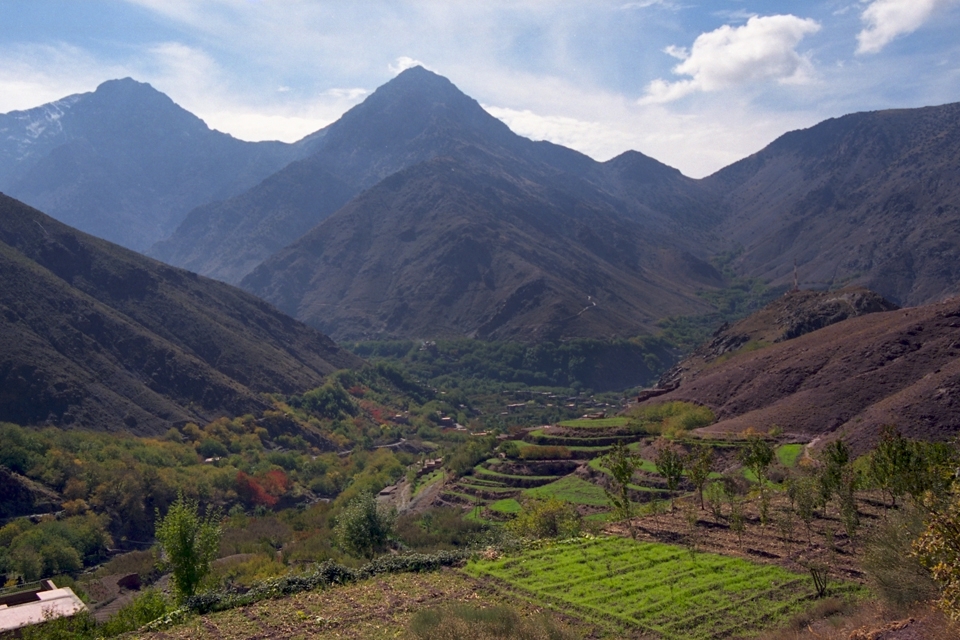 Often when people think of Morocco, they picture the desert and the markets.  What they may not realise is that it is a very diverse country with many different climates and landscapes.  High up in the Atlas Mountains, the local people work the fields that have been cut into the sides of the hills.  The cooler climate is imminently suitable for the crops, creating a patchwork of green across the hillsides, stretching out towards the mountain peaks.