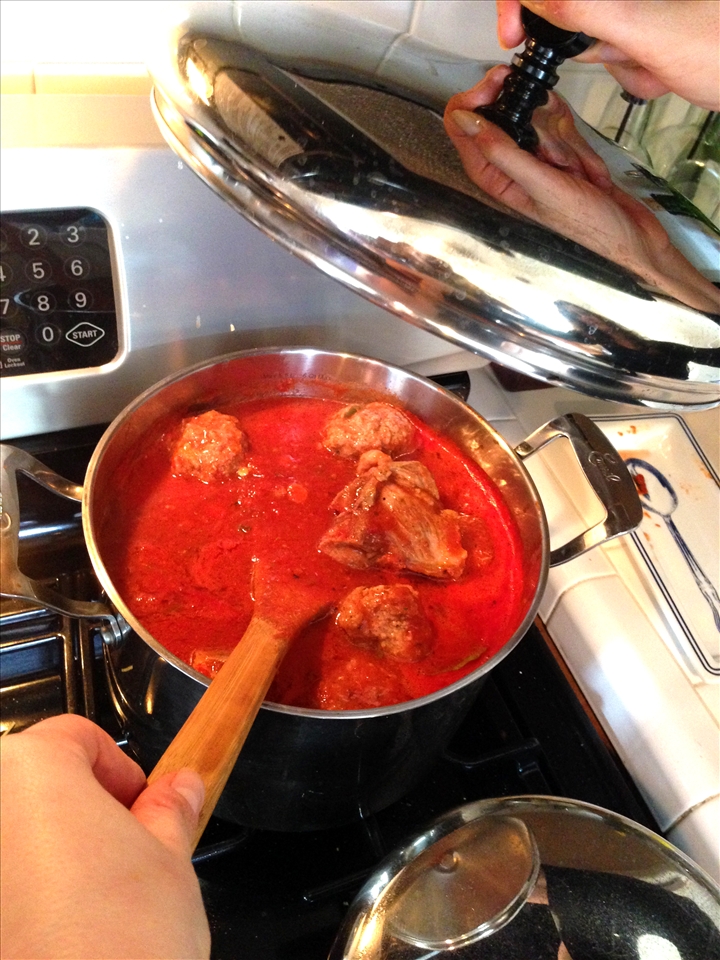 After all ingredients and meatballs are added, simmer sauce for about 8 hours.