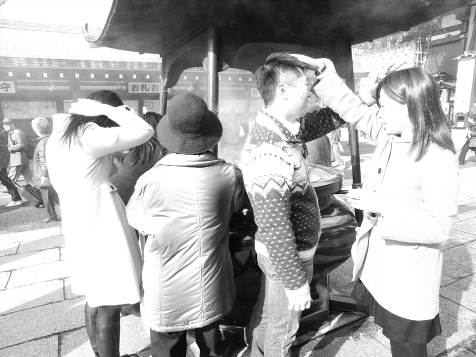 In the temple, people show how they care by blessing to each other.