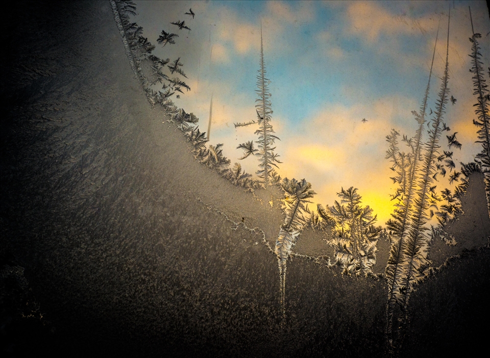Ice crystals formed on a window to create this winter landscape. Lit by sunset