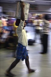 
Waiting for the Darjeeling Mail at Kolkata's Sealdah station, the atmosphere is hectic, as people run from one side to another. Here a man transports a container of food to a soon-to-depart train.: by kainet, Views[634]
