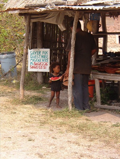 At the village of Bomba, a father and son join the tourists at the market for a break. Marketing is not lost, even in the rural villages, as seen in the sign for the Silver Fox Guest House in nearby Maskall Village.