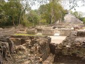 The foundations of the buildings of Lamani remain visible in the foreground while one of the temples rises behind. Unsure whether these were in the market place or homes, one can still imagine the bustle of activity here. Excavated and cleaned for tourists, the entwined roots attest to the age of the structures.: by kaitala, Views[371]