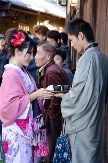 Lovers in Kiyomizu-dera where is the most famous spot during maple leaves season. Many tourists wear kimono to visit this place.