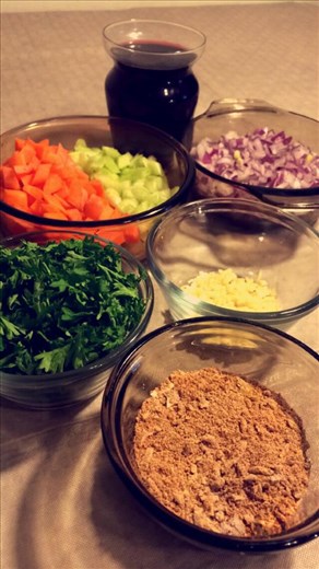 A few of the ingredients: Dry red wine, dry rub, chopped veggies & herbs