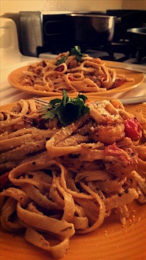 Homemade cilantro-alfredo sauce + garlic-lime shrimp