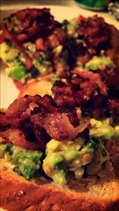 Garlic infused bacon + homemade guac + mango-jalapeno jam + honey oat toast: by kasim_hardawaykc, Views[301]