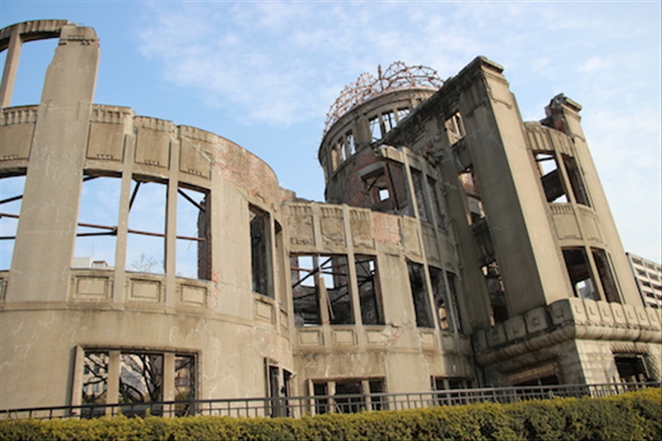 The A Bomb dome, the most recognisable Hiroshima landmark, preserved as a memorial to those that lost their lives as a result of the nuclear bomb. Public opinion was divided on whether the building should have been demolished along with the rest of the city or preserved as a reminder of the devastation. Ultimately the decision was taken to preserve the skeletal remains and build the Peace Park around it. 