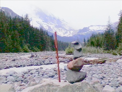 White River, Mt Rainier.  Someone else started the cairn, the stick is my travelling gnome.