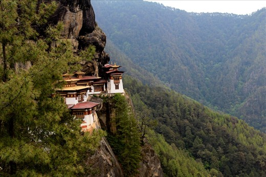 Tiger's Nest Monastery (Taktsang) - The crowning jewel of Bhutan. Tiger's Nest monastery, 1.5 hours drive away from Paro Valley, is perched at a cliff precariously, and by what legends suggest, strands of the hair of the angels. Guru Padmasambhava - the second Buddha - flew to the spot on the back of a Tigress - hence the more common name of Tiger's Nest. The monastery is built around the cave where Padmasambhava meditated and the head monk, if available, does not hesitate to take travellers to the very stairs that lead down to the sacred site. Owing to its strange and rather lonely location, every step in the monastery can be heard perfectly clear and one can almost imagine, if they closed their eyes, how Padmasambhava's chantings must have echoed in the mountain.