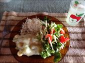 Chayotes (squash) y corn in cream sauce,  ensalade, arroz y friljoles : by kendal00, Views[240]