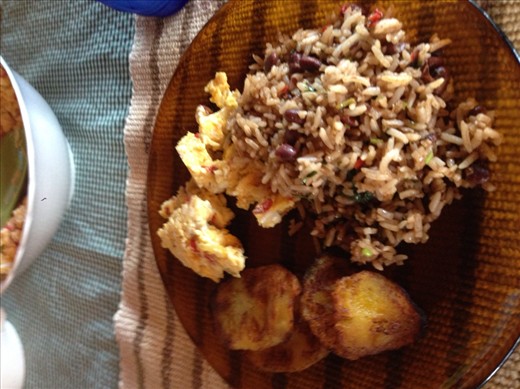 Gallo pinto, scrambled huervos, fried guieno