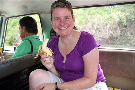 Eating bananas from a roadside shop