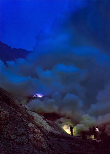 Mount Ijen in the district of Banyuwangi is a working sulfur mine in the crater 