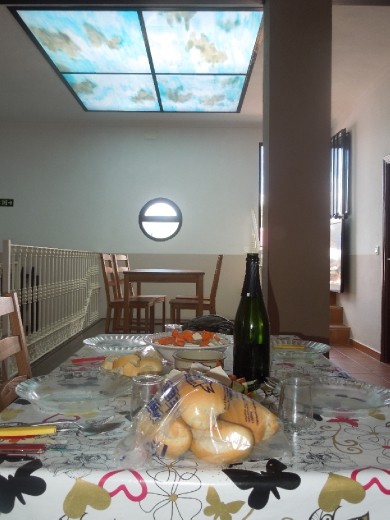 Hostel at Enreal de la Jara...lovely stained glass set into the roof!