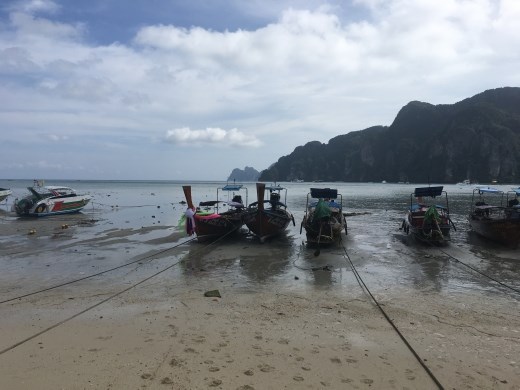 Longtail boats at low tide
