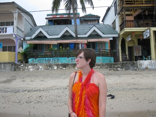 K on beach in front of our cabin