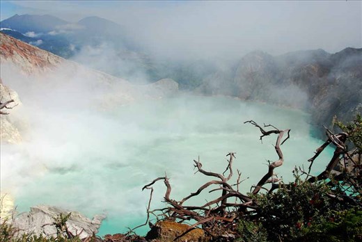 Stunted trees line the rim of the Mt Ijen crater in East Java, while sulphur-drenched volcanic fumes drift over the azure lake.