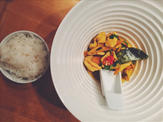 Thai chicken red curry with jasmine rice.