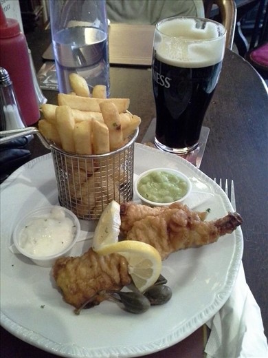 Guinness, fish & chips and some mashed peas. So yummy!
