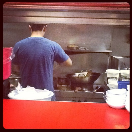 Japanese noodle house of the beaten path. Behind the scene of wanton soup creation.