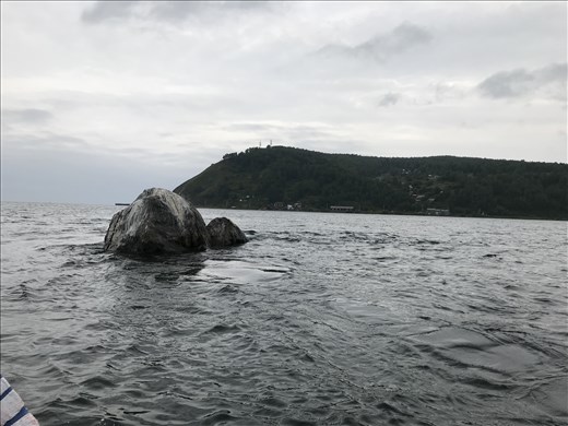 Shaman Rock at mouth of Angara River and Lake Baikal