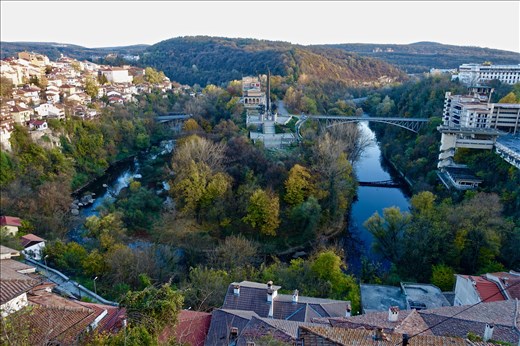 View of Bulgar Memorial column and Art Galley on a peninsula in the middle of Veliko Tarnovo from the restaurant on the main street