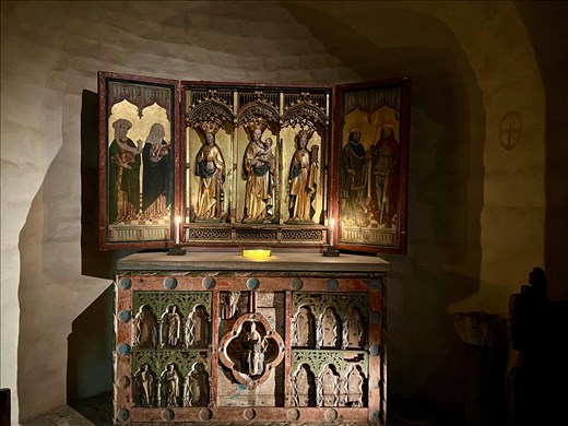 14th C Mary flanked by Sts Katherine and Barbara. Side panels with Mary Magdalene and St. Brigitta & Sts. Olof and Erik - History Museum