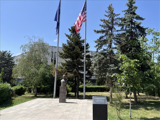 Monument of Friendship with dedication from Madeleine Albright saying, 