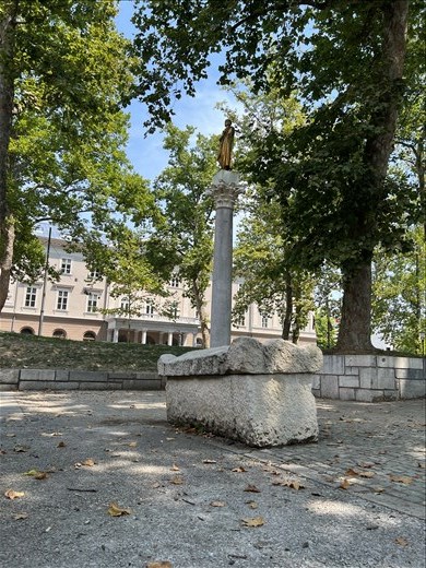 Copy of Roman Bronze statue on a column in the middle of Emona (Roman name for city on this site) ruins