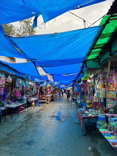 vendors on pathway to and from the temple