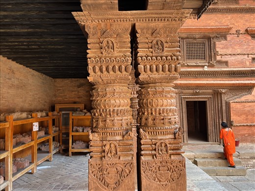 intricate woodcarvings on pillars in Old Palace, Durbar Sq.