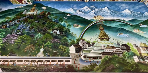 mural on outside back wall with Swayambhu and Boudanath, Great Lotus Temple