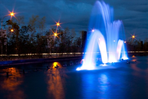 The fountain of SM Lanang Premiere: The blue and vibrant fountain for display on a strategic location beside the SM Lanang Premiere Mall in Davao City