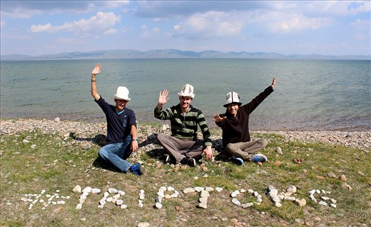 Artur, Pavel and me on the shore of the Long Kol Lake.
