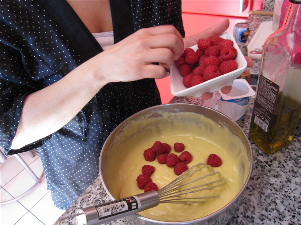Preparing to blend the raspberries into the batter
