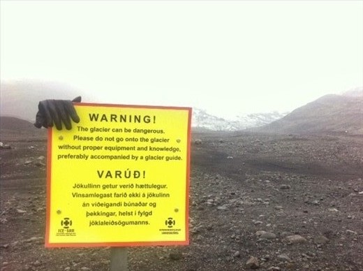 The strange, vast, lonely, emptiness of Iceland is sometimes interrupted by a strange sign of human life, resulting in a surreal image of nature subtly stamped by the footprint of mankind.The precariously placed single glove on top of this warning meant to discourage unattended glacier climbing is both humorous and creepy. Especially after speaking to locals who all seem to have a story to share about an over-confident tourist who went out exploring in  the land of fire and ice, to never be seen alive again.