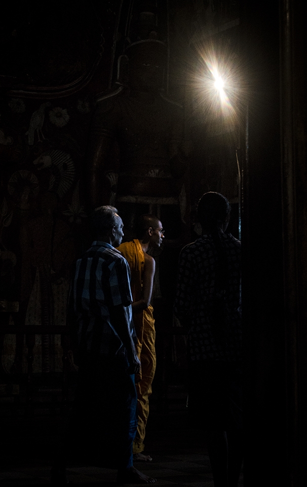 Two Leaves of the Same Plant- 
We all are born as human and the paths we take defines who we are.. As two leaves from the same plant, some may try to find happiness in life, whilst the others will try let go of all attachments.  But the solitary light source in the “Temple Hall” seems to represent 'Nirvana' which is the answer to all life’s suffering.