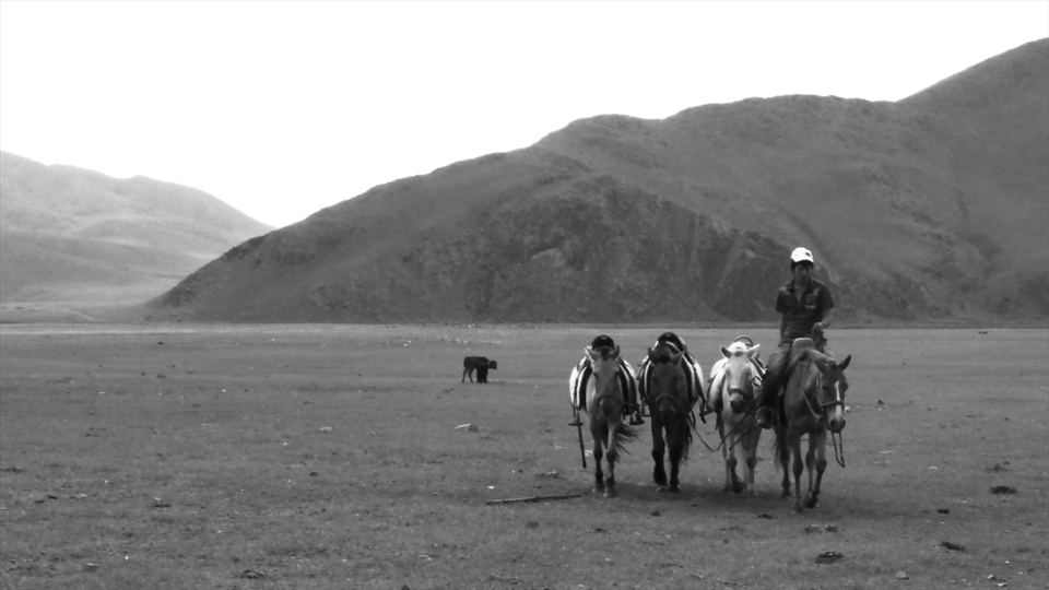 In the morning, my horse trip guide, Onna, back from the river where the horses had some water before we started again.