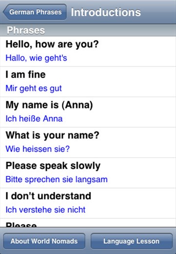A screenshot from our German language guide application 