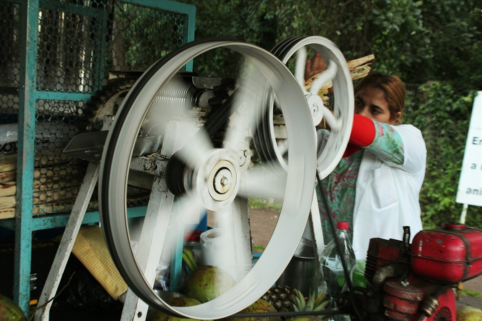 The lady is making sugar cane juice in her machine.