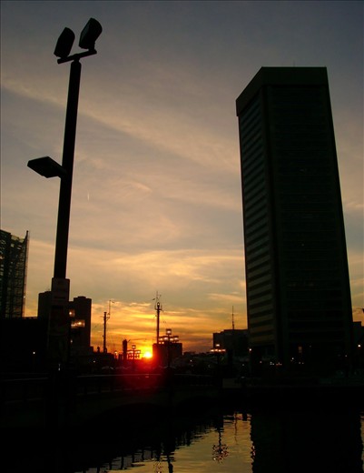 Sunset behind the city of Baltimore