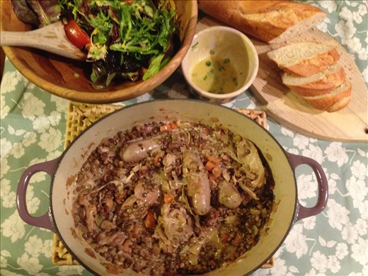 Braised chicken, sausage and lentils