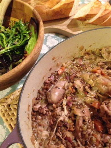 Braised chicken, sausage and lentils