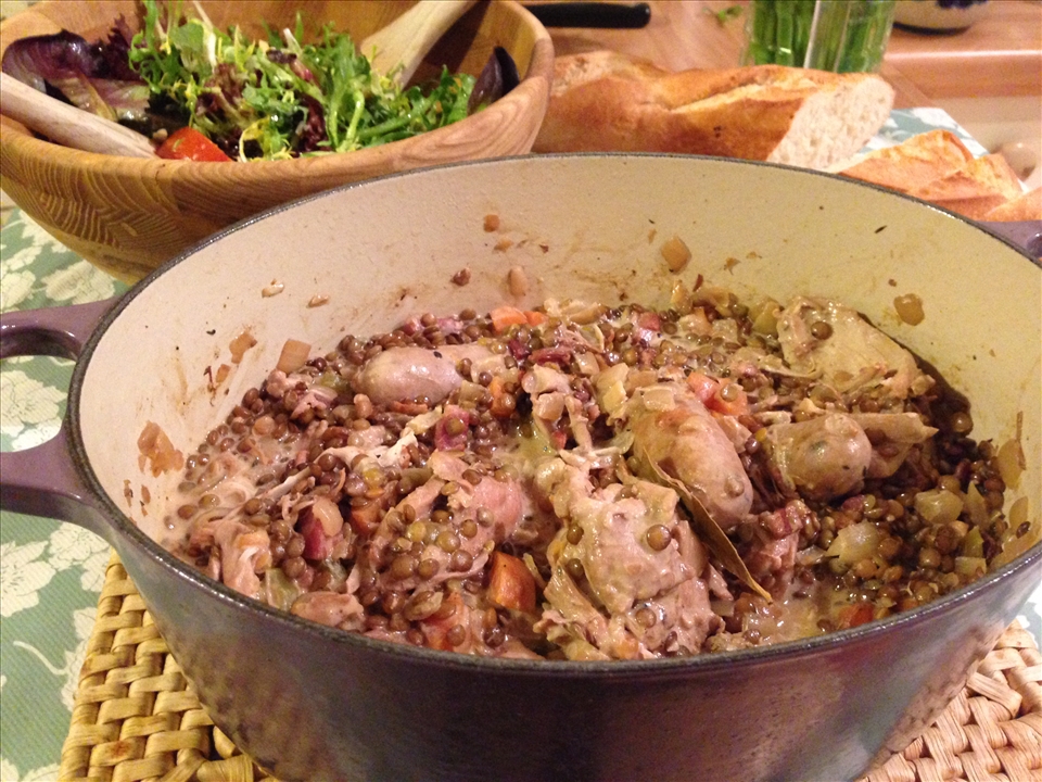 Braised chicken, sausage and lentils