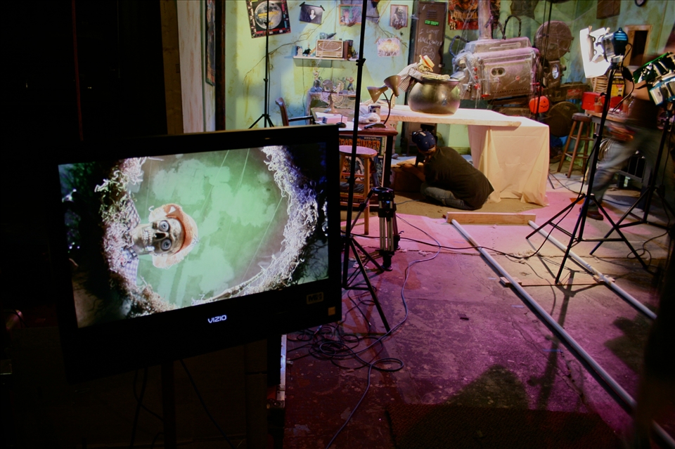 Ready for his close-up. The crew at Erebus sets up for a shot.